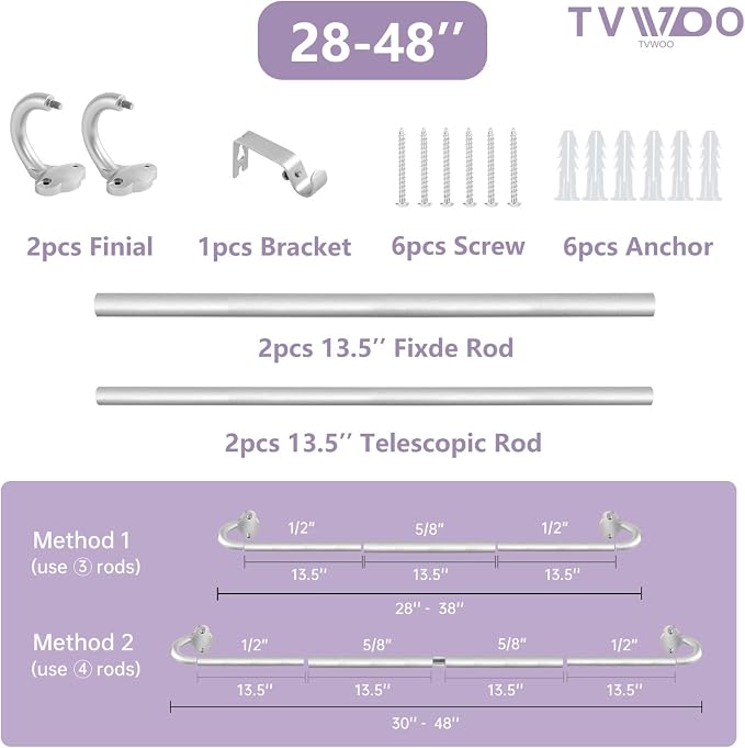 TVWOO Silver Wrap Around Curtain Rods:5/8 Inch Blackout Adjustable Window - Image 8
