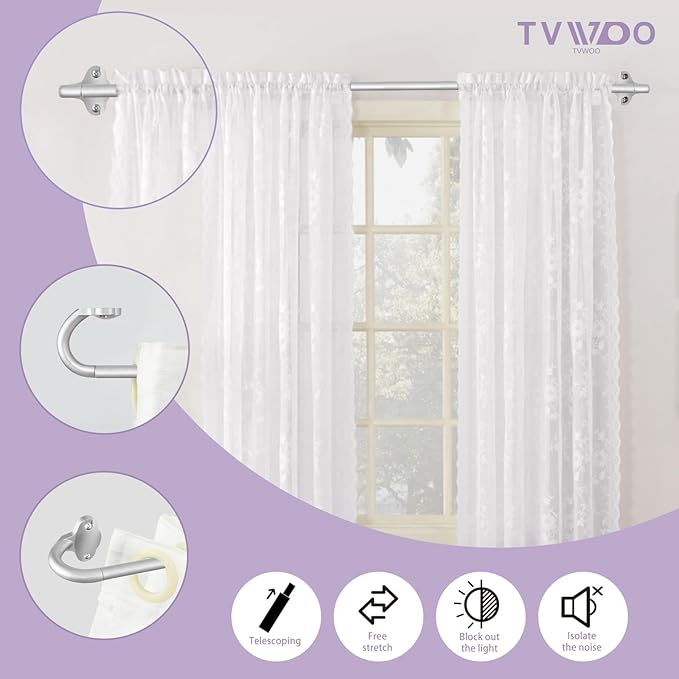 TVWOO Silver Wrap Around Curtain Rods:5/8 In Blackout Adjustable Window Curtain - Image 2