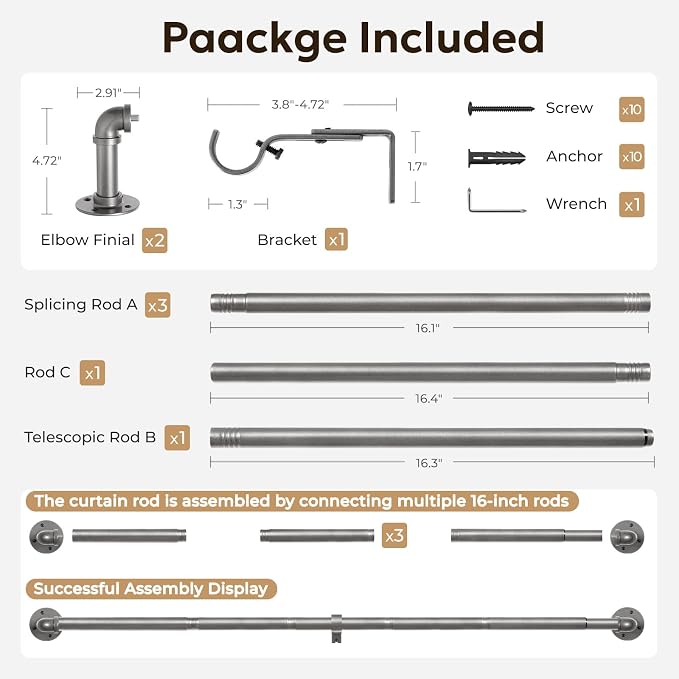 Zeerobee Curtain Rods for Windows 48 to 84, 1 Inch Industrial Wrap Around Grey - Image 7