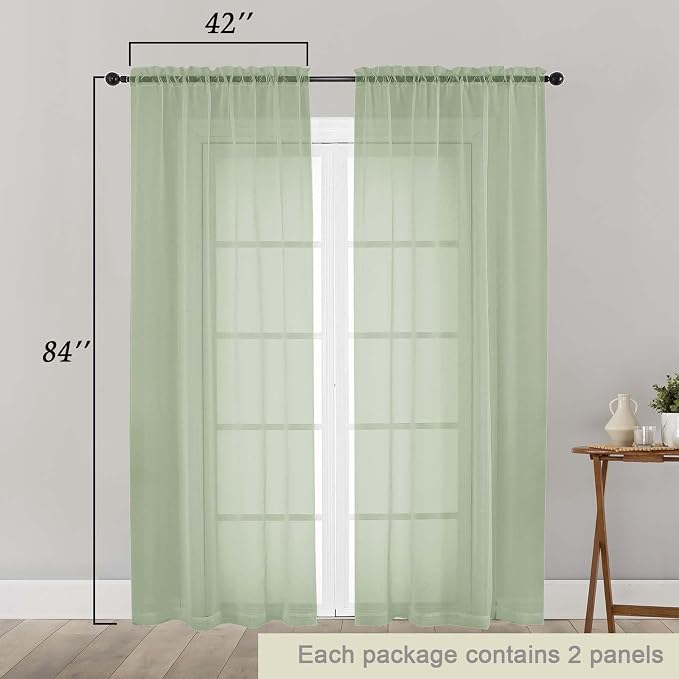 Light Green Sheer Curtains 84 Inches Long 2 Panels Set - Image 2