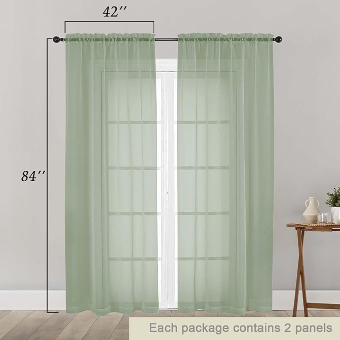 Sage Green Sheer Curtains 84 Inches Long 2 Panels, Soft Light Filtering Curtains - Image 2