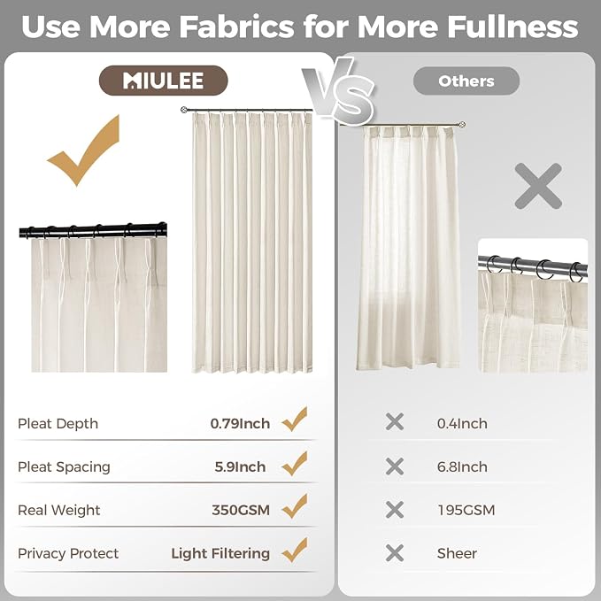 MIULEE Pinch Pleated Thick Linen Curtains 102 Inches Long 2 Panels - Image 6