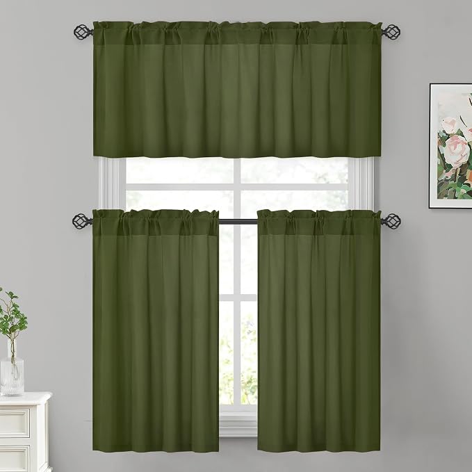 HOMEIDEAS Non-See-Through Olive Green Privacy Sheer Kitchen Curtains, 30 X 36 - Image 2