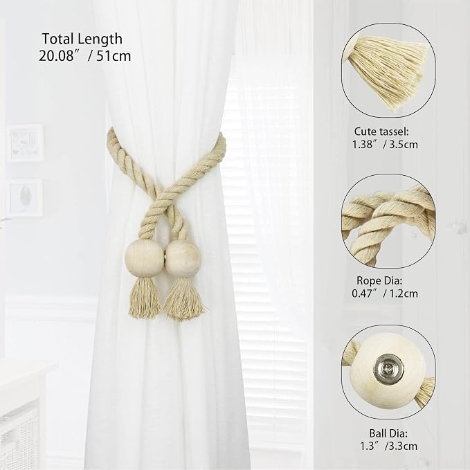 2 Pack Magnetic Curtain Tiebacks Cotton Hand Woven Tie Back Decorative Rope - Image 2