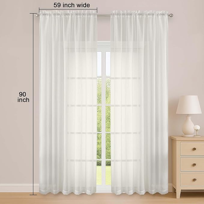 OWENIE Ivory Sheer Curtain 90 Inches Long 2 Panels Set, Solid Filmy Drapes - Image 3