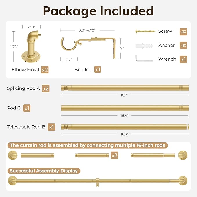 Zeerobee Curtain Rods for Windows 32 to 72, 1 Inch Industrial Wrap Around Gold - Image 7