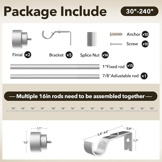 Extra Long Curtain Rods for Windows 32 to 240 Inch, 1 Inch Silver Heavy Duty - Image 3