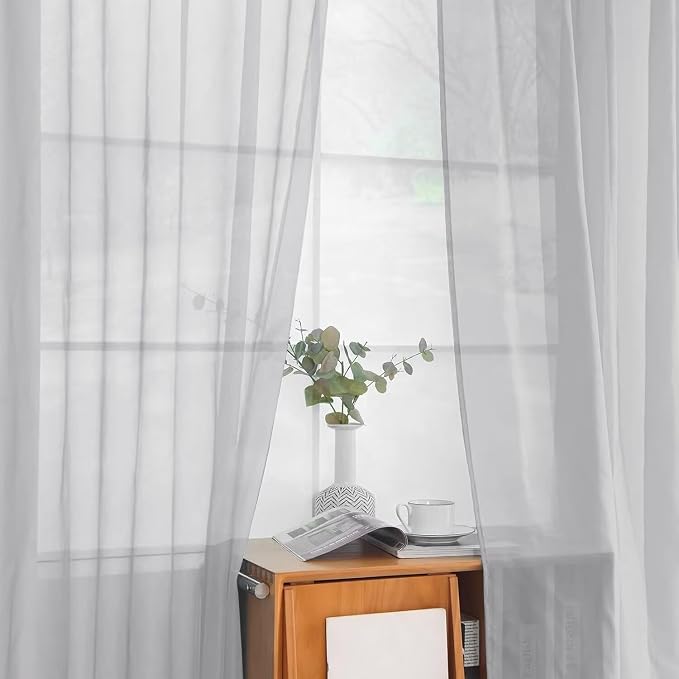 youleyar Solid Sheer Rod Pocket Curtain Voile Draperies 2 Panels White Beige - Image 8