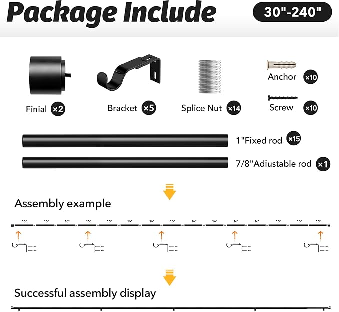 GEEBOBO Black Curtain Rods for Windows 120 to 240 Inch, 1 Inch Extra Long Heavy - Image 6