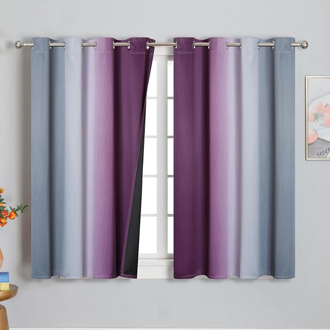 Purple and Grey Blackout Curtains 54 Inches Long, Ombre and Wavy Line Pattern - Image 2