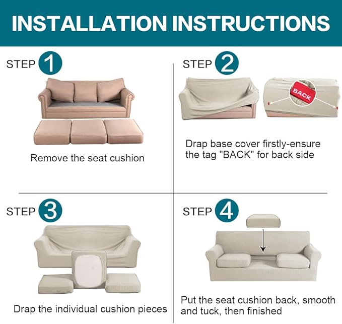 Turquoize 4 Piece Sofa Covers for 3 Cushion Couch Sofa Slipcover Soft Couch - Image 6