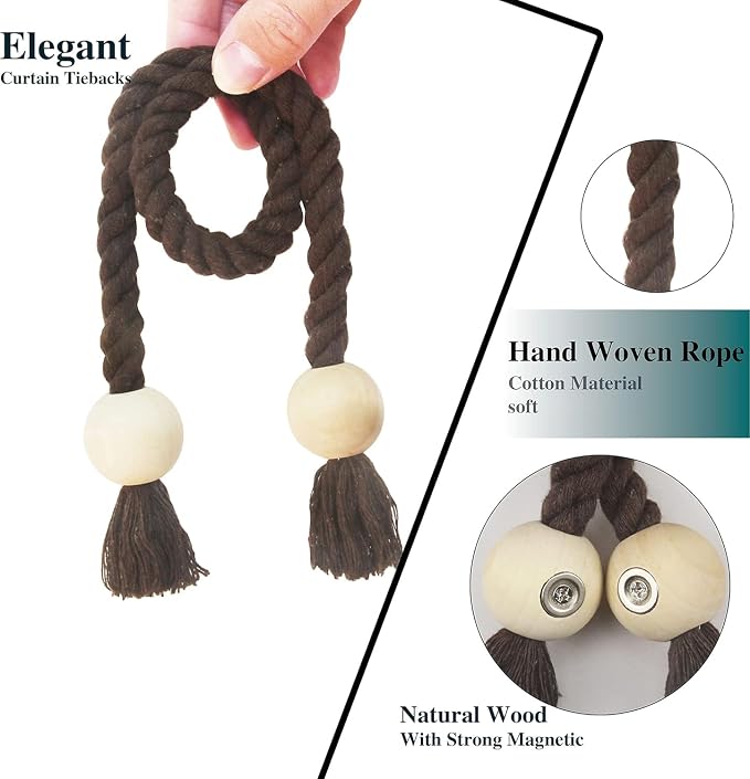 6 Pack Magnetic Curtain Tiebacks Cotton Hand Woven Tie Back Decorative Rope - Image 2