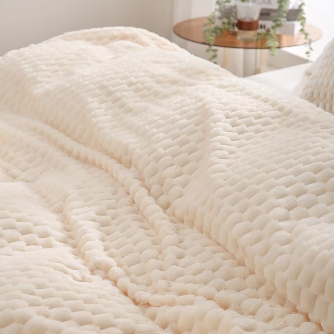 Cream White Throw Blanket 50"×60" inches Fuzzy 3D Jacquard Decorative Flannel - Image 5