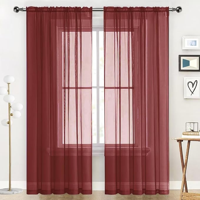 SpaceDresser Basic Rod Pocket Sheer Voile Window Curtain Panels Burgundy 1 Pair by SpaceDresser