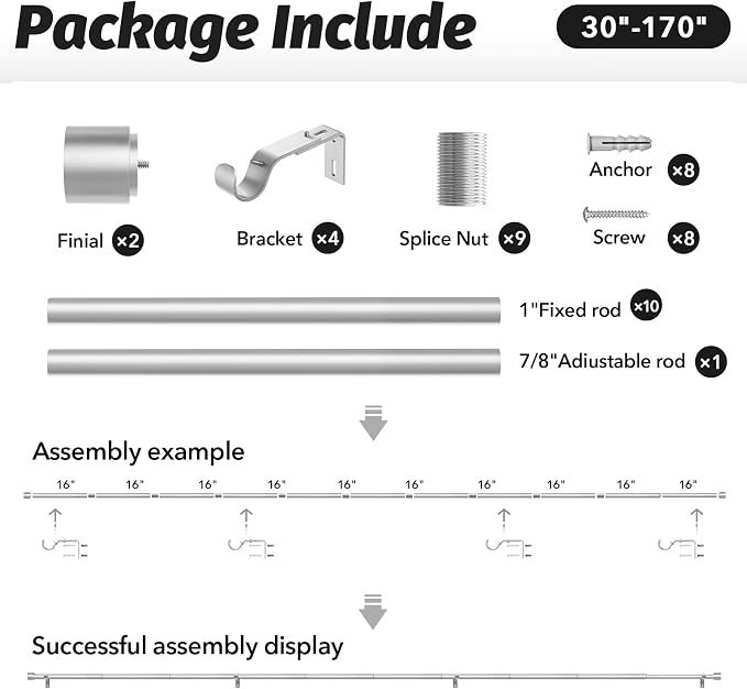 GEEBOBO Silver Curtain Rods for Windows 120 to 170 Inch, 1 Inch Extra Long - Image 6