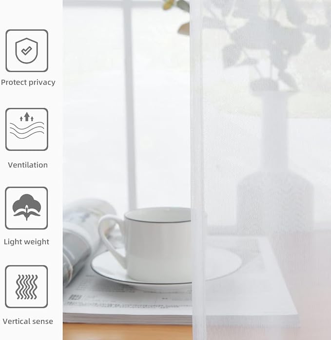 youleyar Solid Sheer Rod Pocket Curtain Voile Draperies 2 Panels White Beige - Image 5