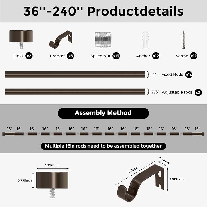 Bronze Curtain Rods for Windows 36 to 240 Inch, Size:36-240 Inch - Image 8