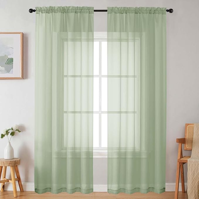 Sheer Light Green Curtains for Bedroom Living Room 90 Inches Long 2 Panels Set by WelvetBLK