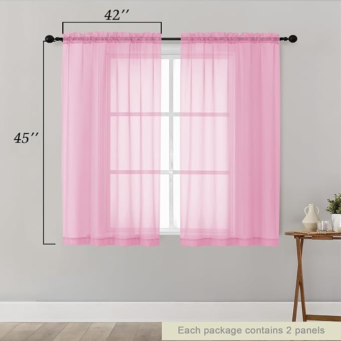 Pink Sheer Curtains for Bedroom Living Room 45 Inch Length 2 Panels, Soft Airy - Image 2