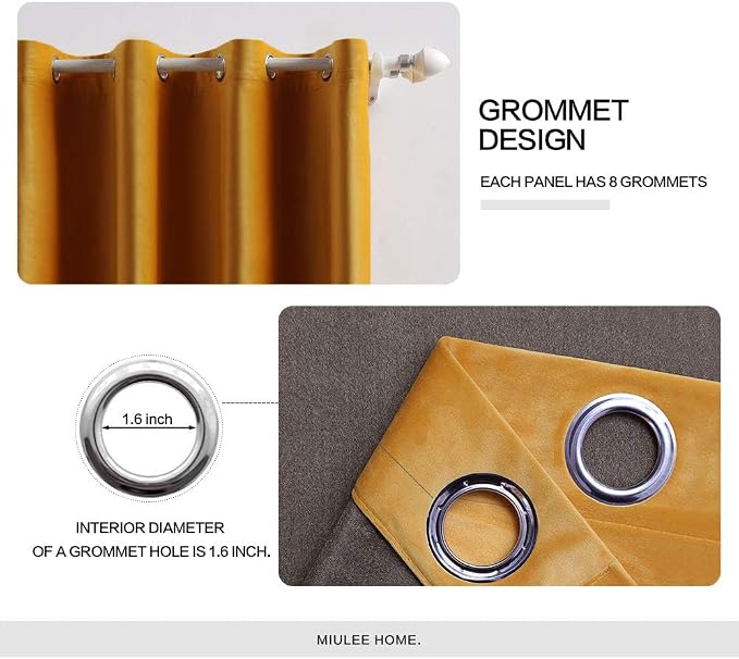 MIULEE 2 Panels Blackout Velvet Curtains Solid Soft Grommet Mustard Yellow - Image 2