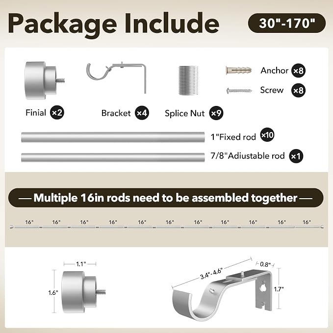 Extra Long Curtain Rods for Windows 32 to 170 Inch, 1 Inch Silver Heavy Duty - Image 3