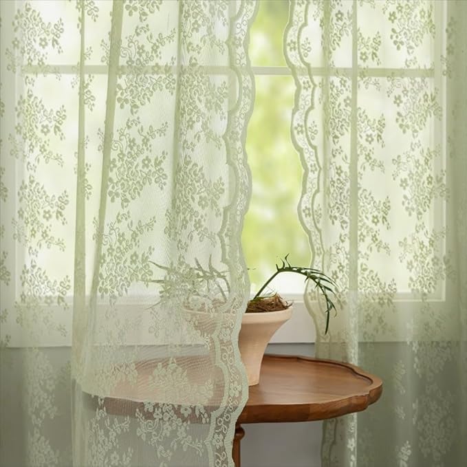 YJ YANJUN Vintage Lace Curtains 45 Inch Length-Victorian Floral Pattern Sage by YJYANJUN