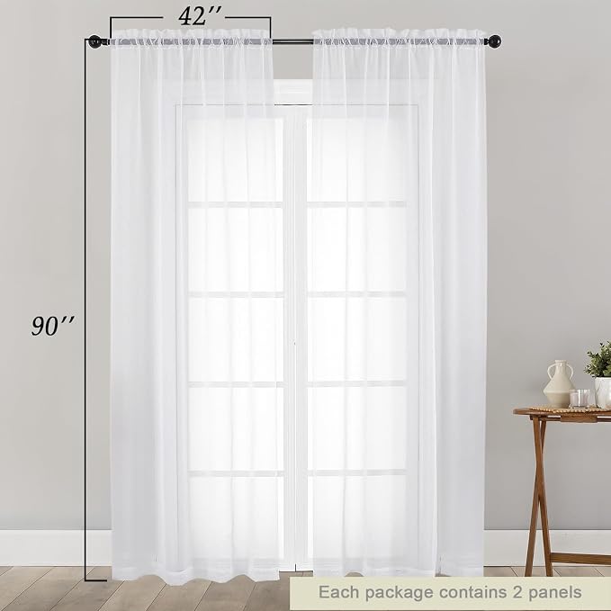 Sheer White Curtains for Bedroom Living Room 90 Inches Long 2 Panels Set - Image 2