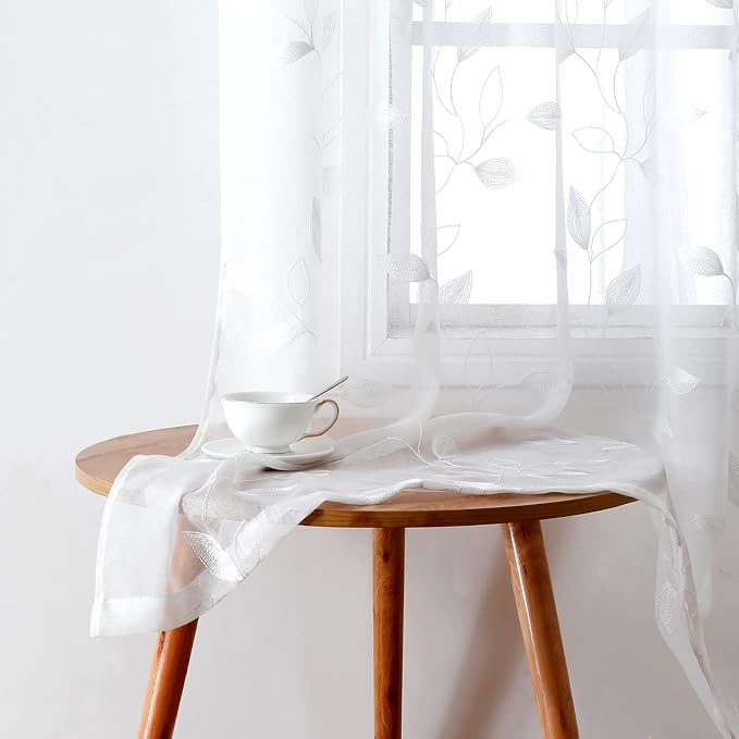 HOMEIDEAS White Sheer Curtains 52 X 84 Inches Long 2 Panels Embroidered Leaf by HOMEIDEAS