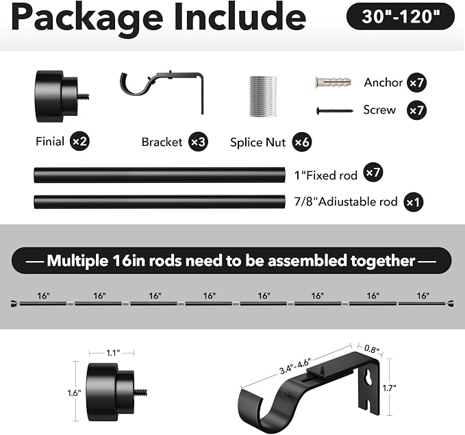 IFELS Heavy Duty Curtain Rods for Windows 66 to 120 Inch, 1 Inch Adjustable - Image 8