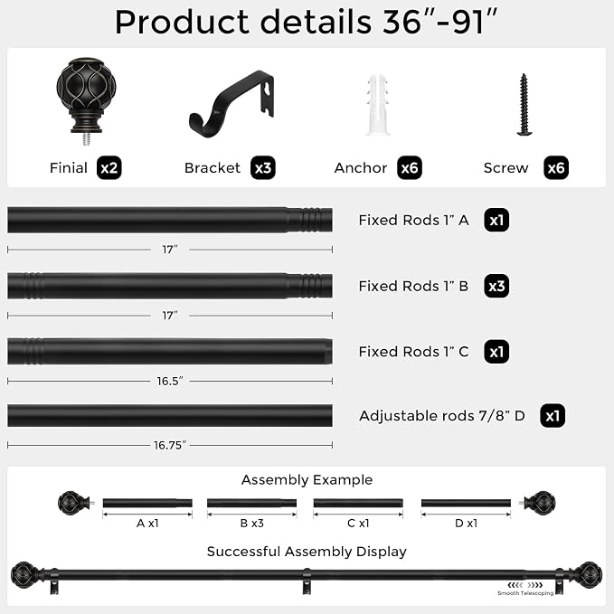 Black Curtain Rod, Heavy Duty 1 Inch Decorative Curtain Rods - Image 5