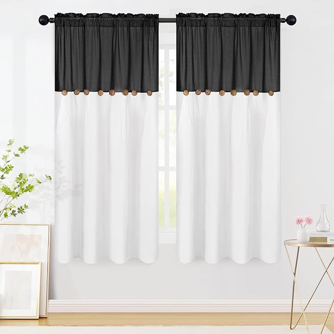 FRAMICS Farmhouse Cotton Linen Curtains, Boho Button Panels, 2 Panels by FRAMICS
