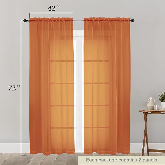 Orange Sheer Curtain for Bedroom Living Room 72 Inches Long 2 Panels Set - Image 2