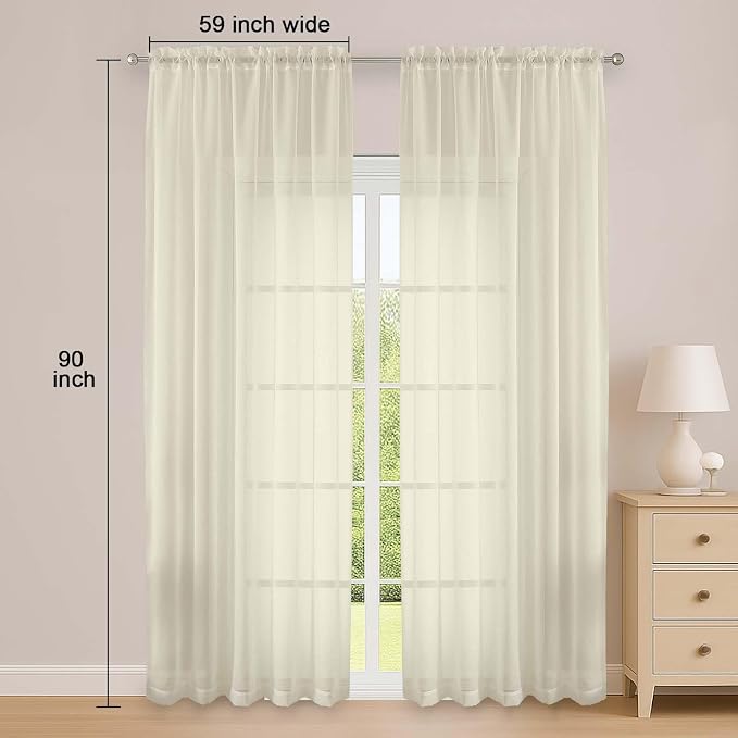 OWENIE Cream Sheer Curtain 90 Inches Long 2 Panels Set, Solid Filmy Drapes - Image 2