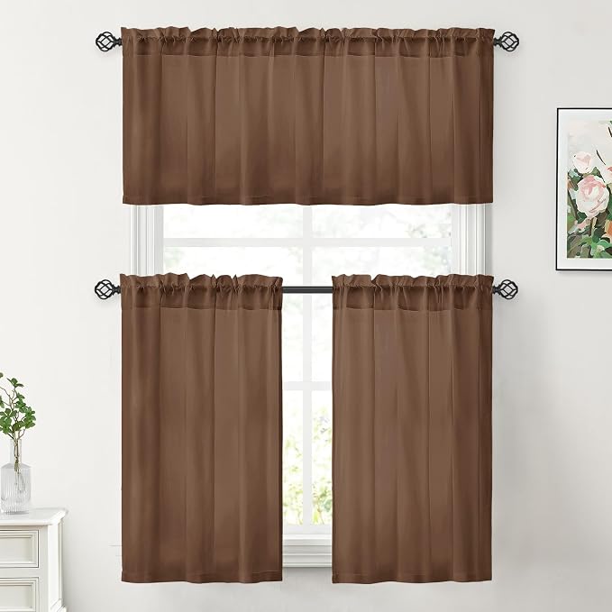 HOMEIDEAS Non-See-Through Brown Privacy Sheer Kitchen Curtains, 30 X 24 Inches - Image 2