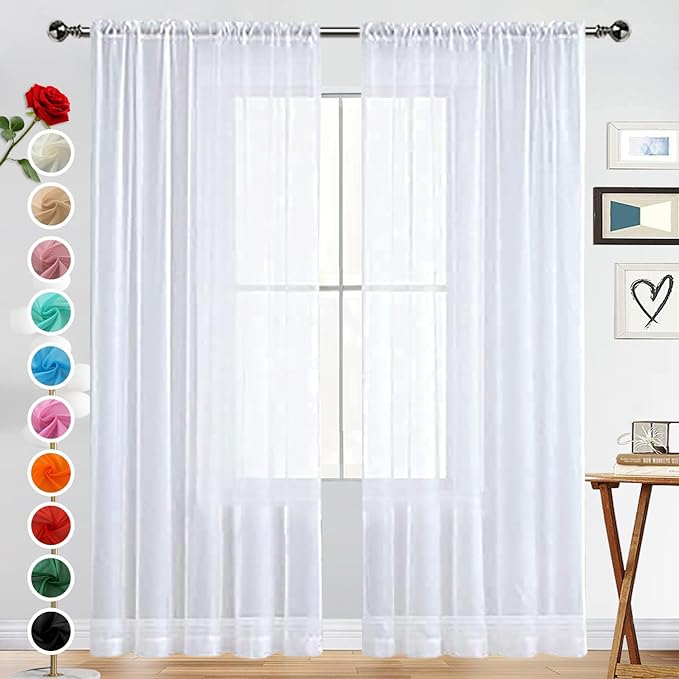 SpaceDresser Basic Rod Pocket Sheer Voile Window Curtain Panels White 1 Pair 2 - Image 2