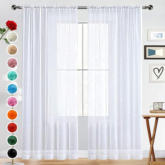 SpaceDresser Basic Rod Pocket Sheer Voile Window Curtain Panels White 1 Pair 2 - Image 2