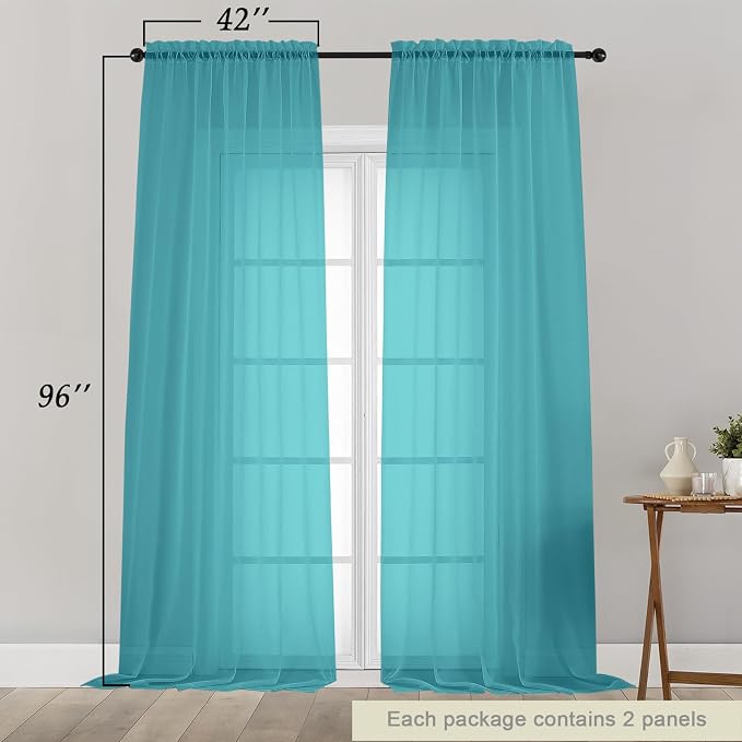 Turquoise Sheer Curtains for Bedroom Living Room 96 Inches Long 2 Panels - Image 2