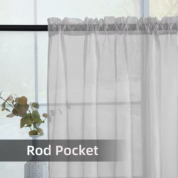 youleyar Solid Sheer Rod Pocket Curtain Voile Draperies 2 Panels White Beige - Image 3
