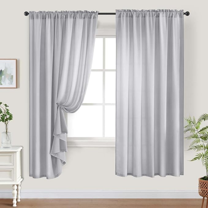 HOMEIDEAS Non-See-Through Light Grey Privacy Sheer Curtains, 52 X 63 Inches - Image 2