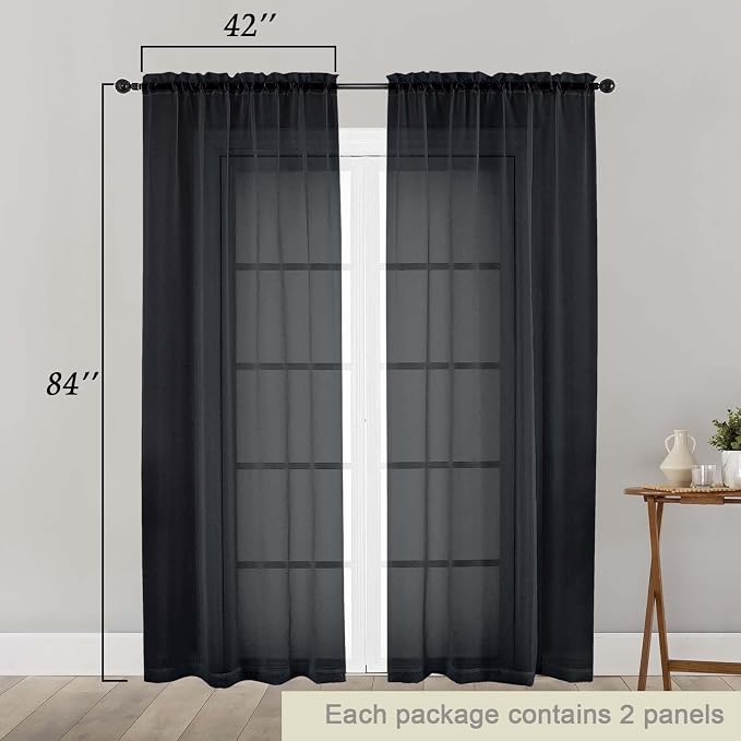 Black Sheer Curtains 84 Inches Long 2 Panels, Soft Airy Light Filtering Curtains - Image 2