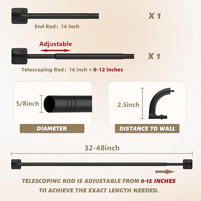 UIOSANRT Curtain Rods for Windows 28 to 48 inch, 5/8" Diameter Black Warp - Image 5