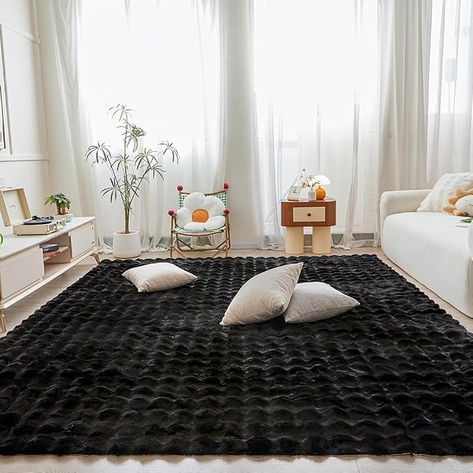 Black Rabbit Plush Rug 6'x9', Fluffy Faux Fur Shaggy Area Rug by CHOVY