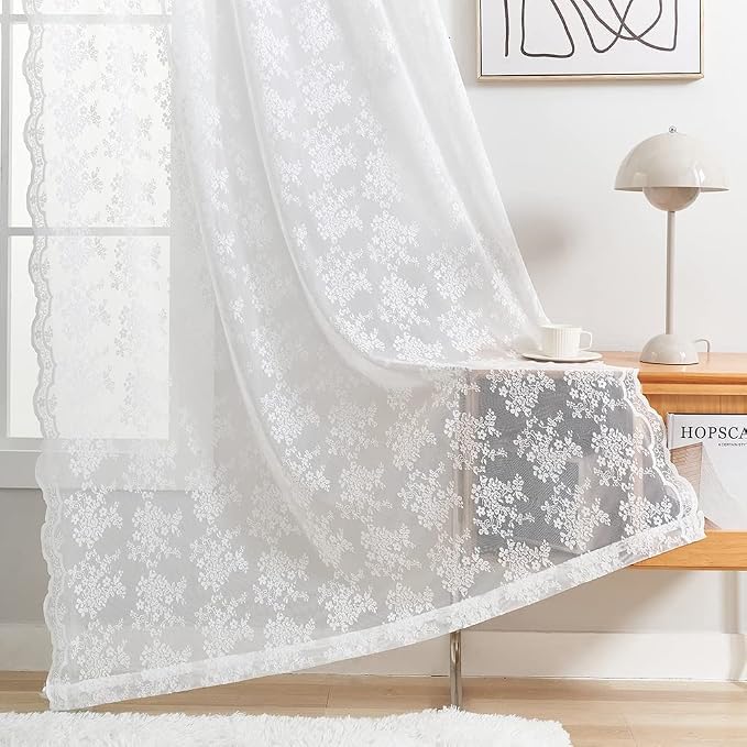 YJ YANJUN Vintage Lace Curtains White Sheer Curtains 96 inches Long 2 Panels - Image 4
