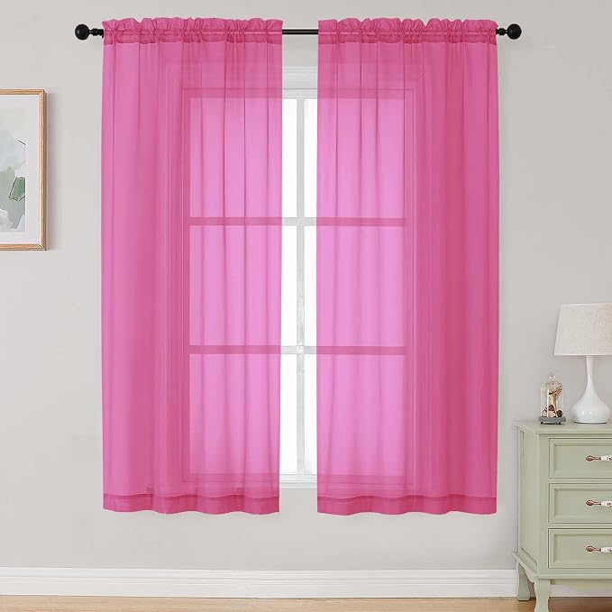 Hot Pink Sheer Curtains 63 Inch Length 2 Panels Set by WelvetBLK