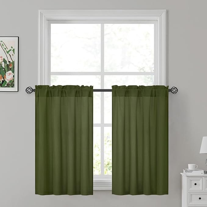 HOMEIDEAS Non-See-Through Olive Green Privacy Sheer Kitchen Curtains, 30 X 36 by HOMEIDEAS