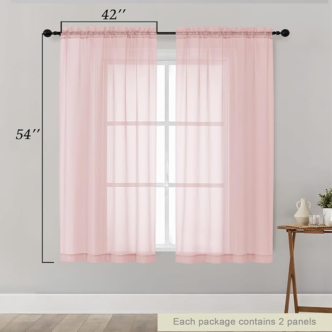 Sheer Blush Curtains for Bedroom Living Room 54 Inch Length 2 Panels Set - Image 2