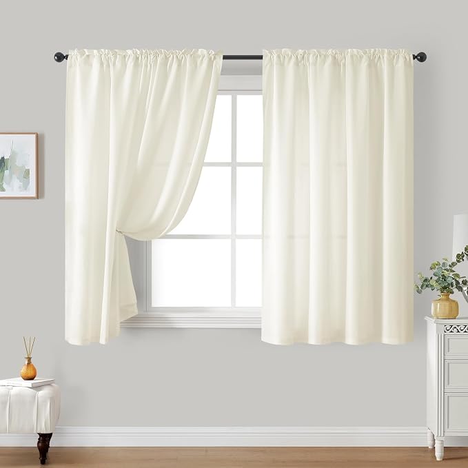 HOMEIDEAS Non-See-Through Cream Yellow Privacy Sheer Curtains, 52 X 54 Inches - Image 2