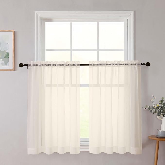 Cafe Curtains 36 Inch Length Tier 2 Pieces, Modern Soft Airy Sheer Kitchen by WelvetBLK