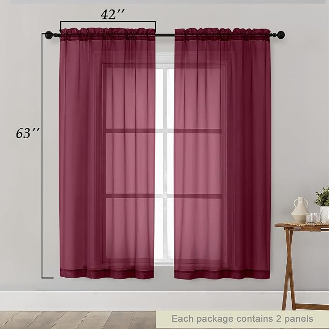 Burgundy Sheer Curtains 63 Inch Length 2 Panels Set - Image 2