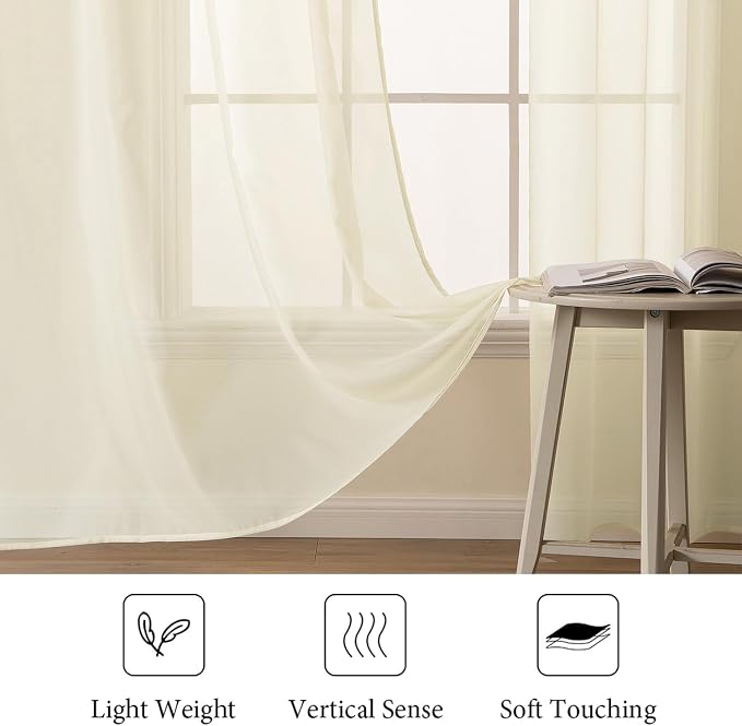 MIULEE 2 Panels Solid Color Light Cream Sheer Window Curtains Elegant Window - Image 4